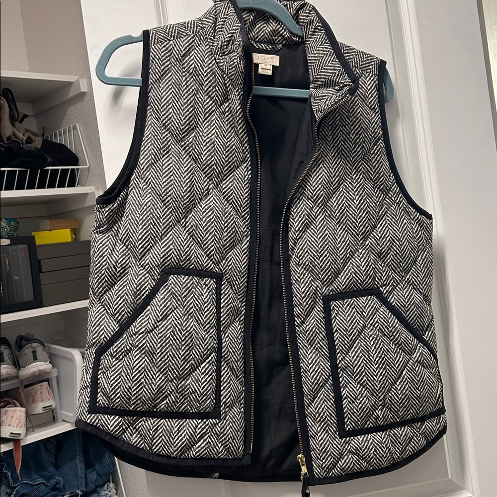 J. Crew Herringbone Quilted Vest with Black Trim